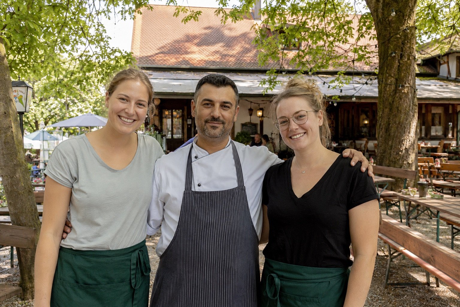 Koch mit zwei Kolleginnen in einem Biergarten